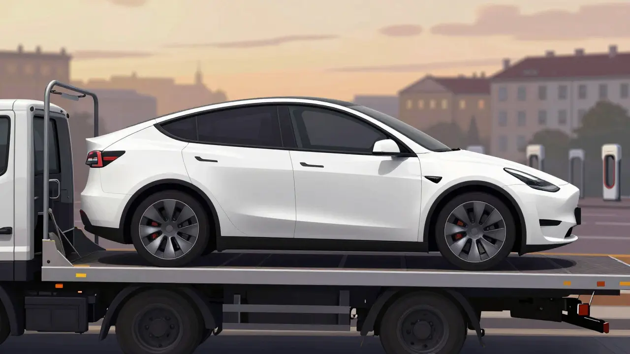 Tesla car on a flatbed truck with split visual showing damage and repaired state against Prague skyline.