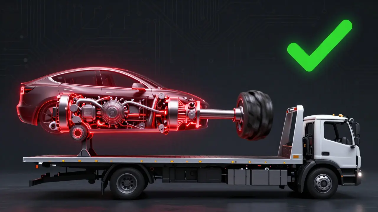 Tesla drivetrain under stress with wheels turning while motor is off, compared to safe flatbed transport.