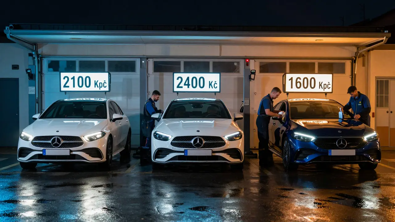 Three Mercedes models with service prices displayed in a Brno garage at night