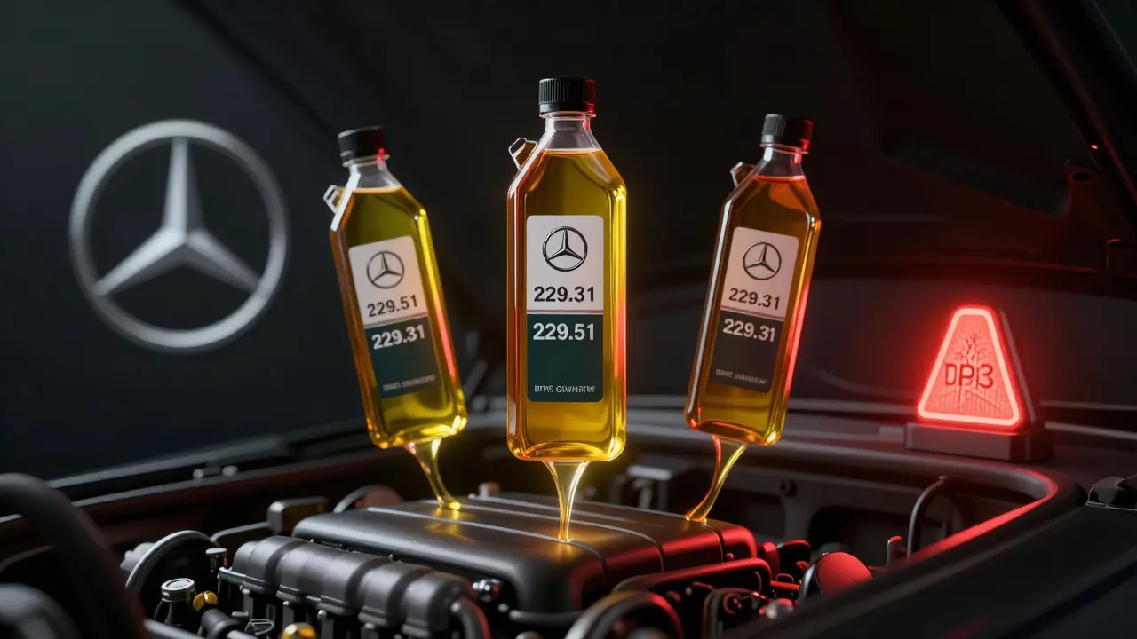 Three oil bottles with Mercedes specs floating above a warning light and cracked DPF filter