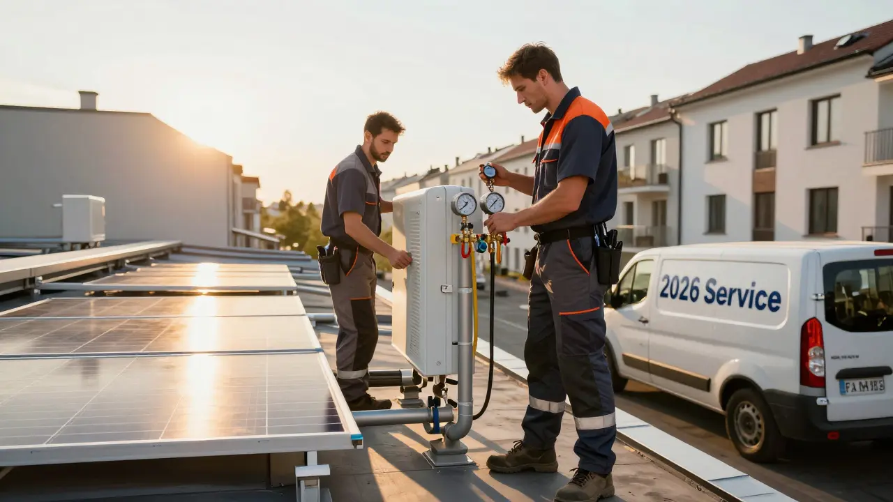 Tým klempířů instaluje solární systém na střeše v Ostravě s vozem služby na pozadí.