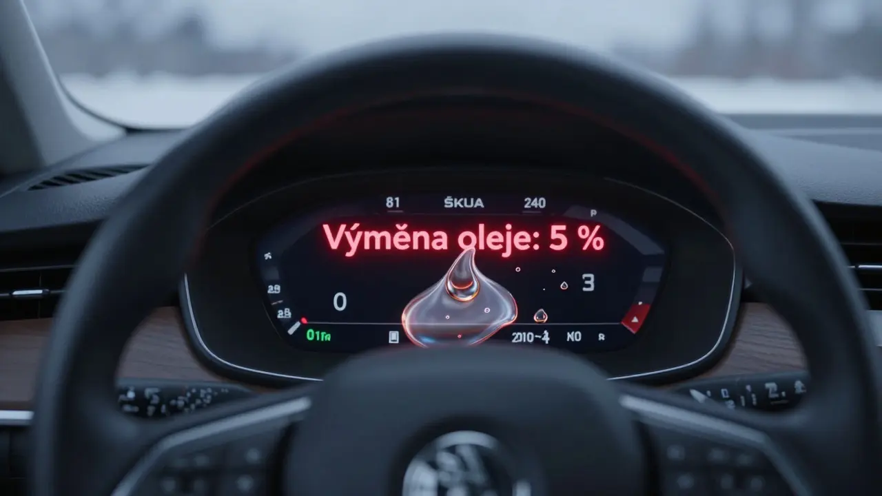 Varování na displeji Škoda: 'Výměna oleje: 5 %' s abstraktními kapkami oleje
