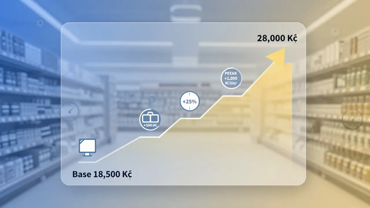 Vizuální reprezentace měsíčního výdělku prodavačky v Penny s příplatky.
