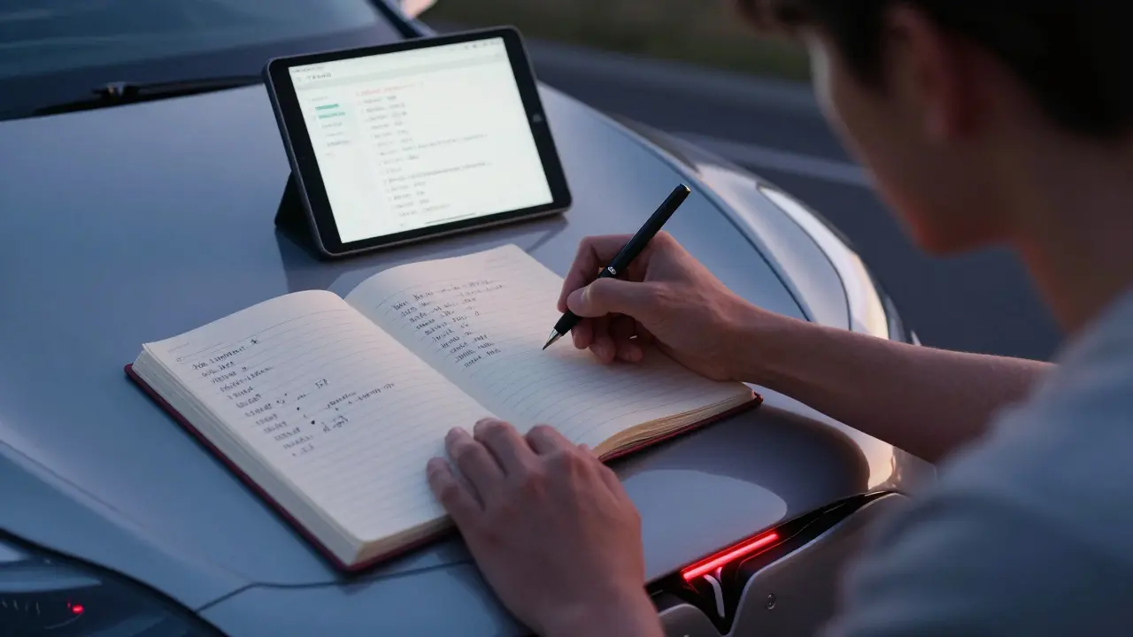 Vlastník Tesla s notebookem a záznamy chyb při dokumentaci poruchy.