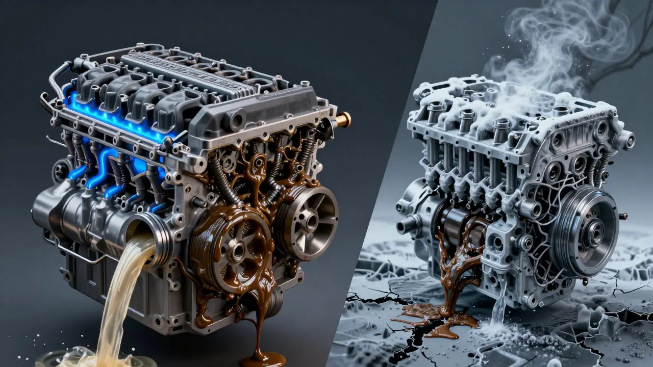 Vnitřní části motoru Opelu zablokované černým kalovitým usazením, ve srovnání s čistým olejem.