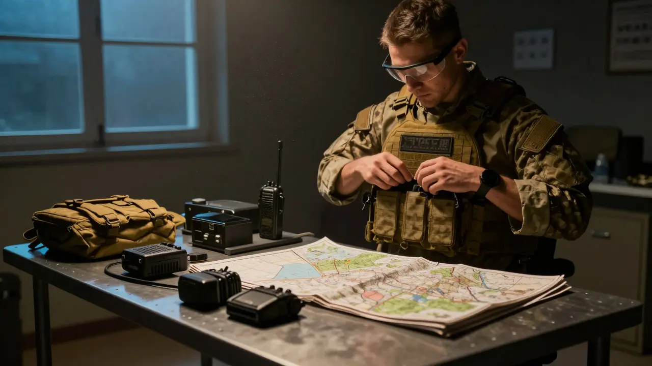 Voják se připravuje na speciální misi s taktickým vybavením v místnosti.
