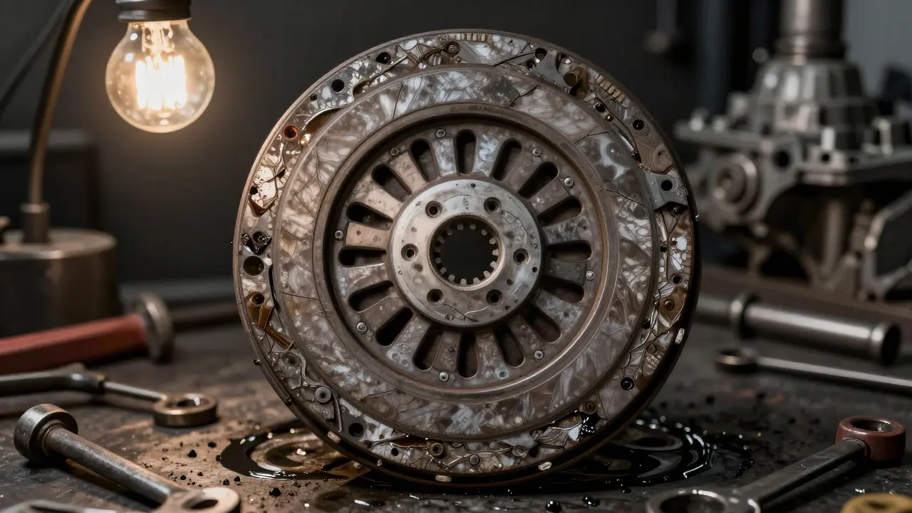 Worn clutch disc and pressure plate with signs of glazing and cracks, viewed in workshop lighting.