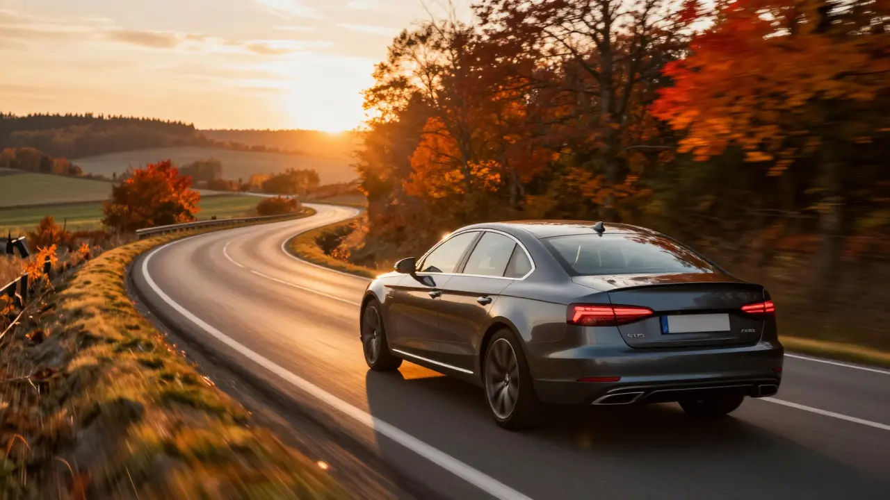 Auto jedoucí po podzimní krajině během dlouhé jízdy.