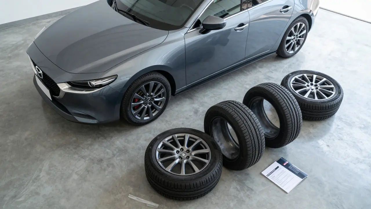 Auto Mazda v garáži s novými pneumatikami a servisním manuálem.