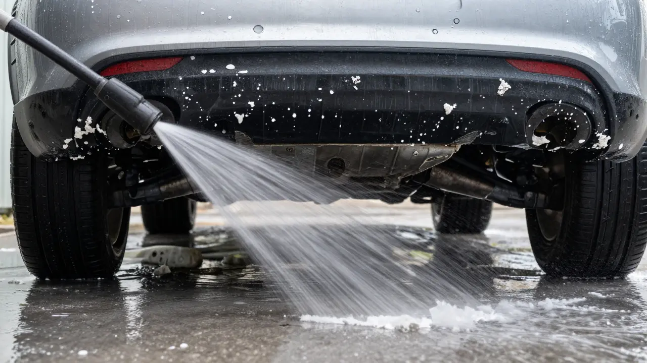 Čištění podvozku auta proudem vody pro odstranění zimní soli a prevenci koroze.