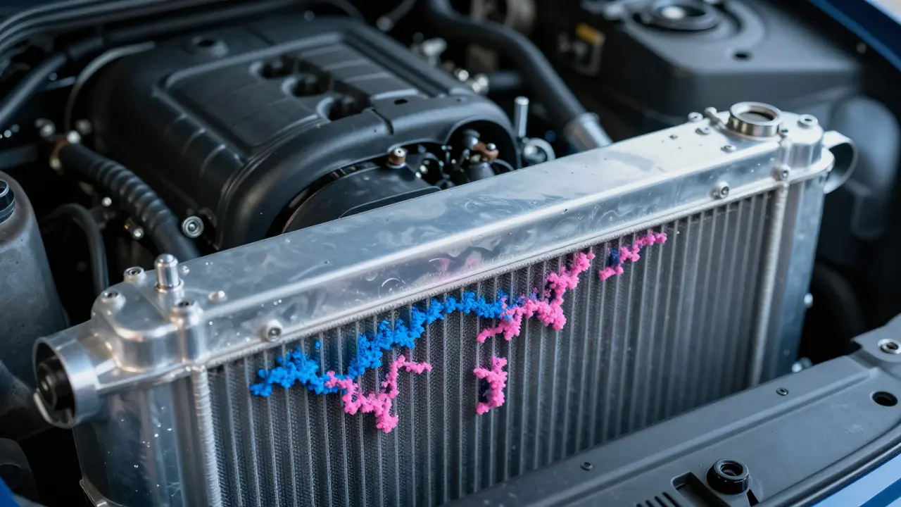 Detail modrých a růžových usazenin chladicí kapaliny na žebrech radiátoru.