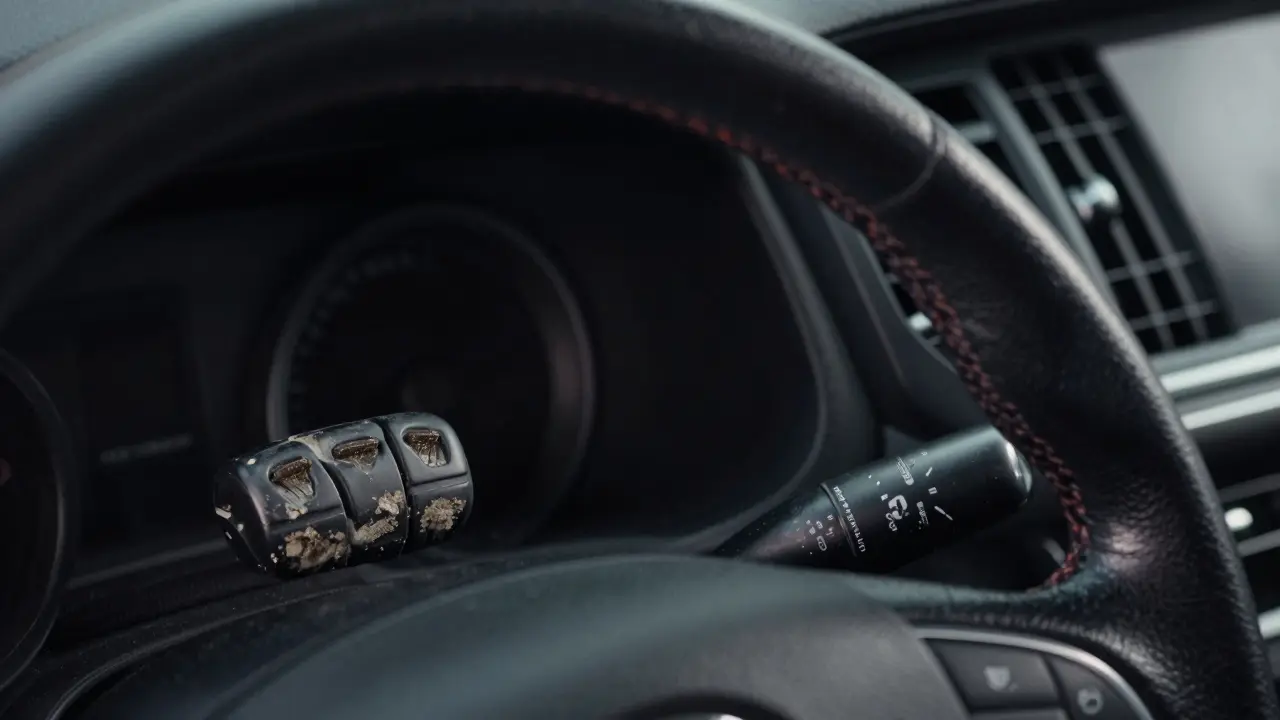 Detail opotřebovaného pedálu a volantu jako známky vysokého nájezdu auta.