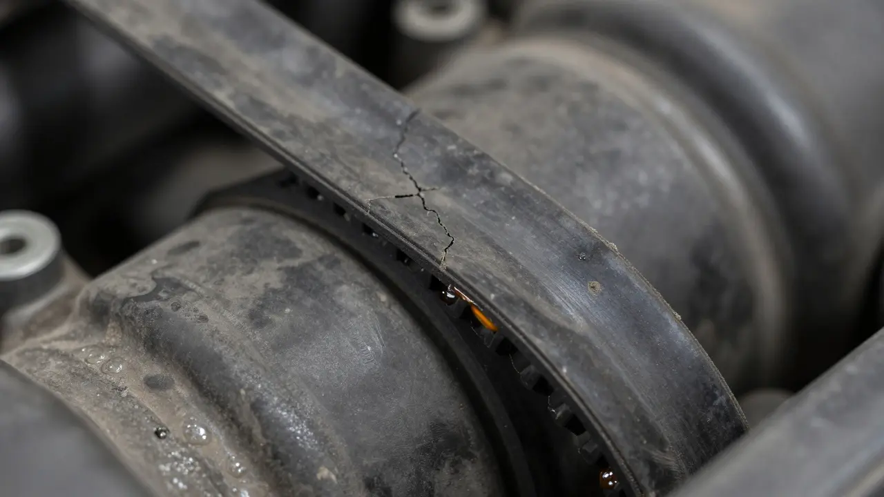 Detail opotřebovaného rozvodového řemene s prasklinami a únikem oleje.