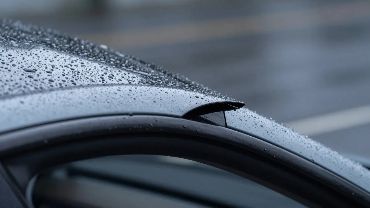 Detail pronikání vlhkosti durch těsnění panoramatické střechy elektromobilu.