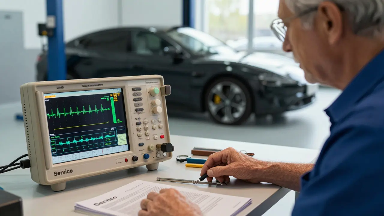 Detailní pohled na osciloskop a technickou dokumentaci na stole zkušeného autotronika.