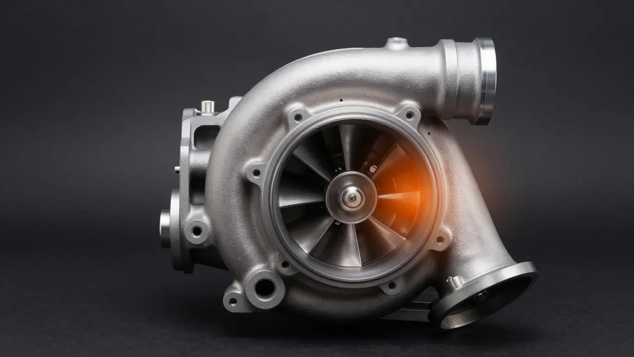 Detailní záběr na turbodmychadlo znázornující riziko přehřátí při špatném mazání.