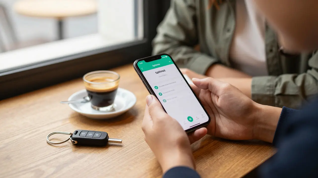 Dva lidé domlouvají si rozdělení nákladů za cestu pomocí aplikace v mobilu.