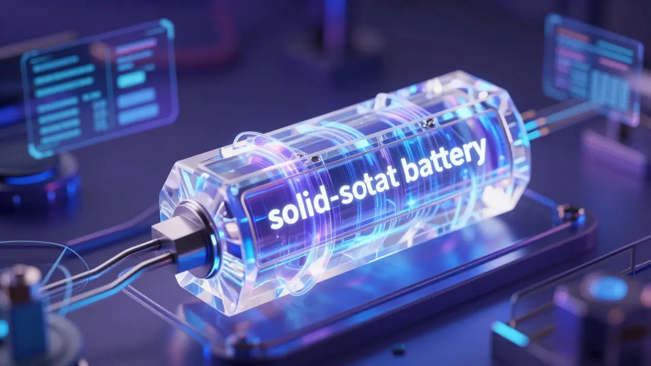 Futuristická vizualizace stavové baterie nové generace s proudící energií.