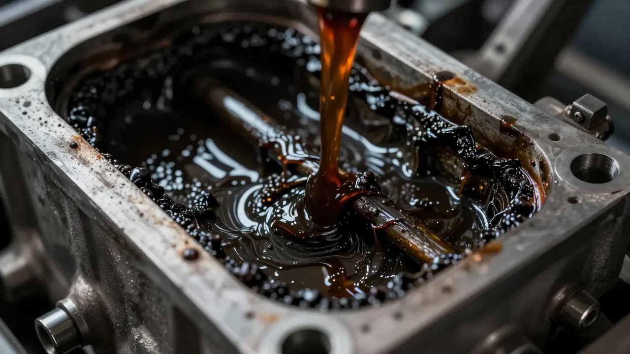 Hustý černý olejový kal ucpávající kanálky v motoru.