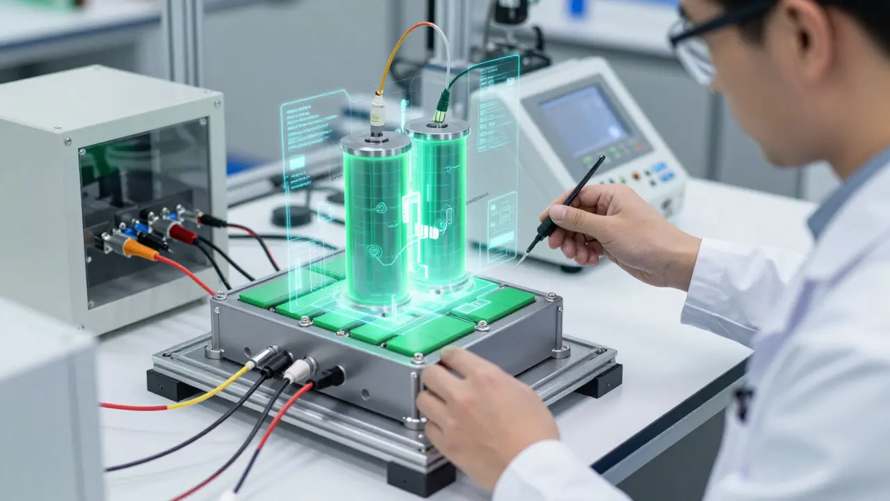 Inženýr v laboratoři analyzuje strukturu baterie pro elektromobilitu.
