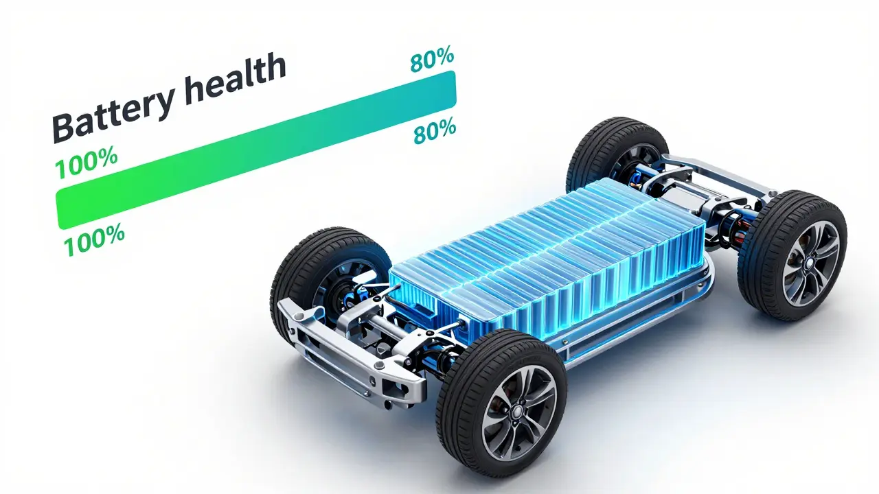 Izometrický pohled na baterii elektromobilu s indikací zdraví kapacity.