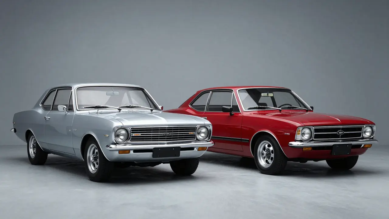 Klasické vozy Opel Kadett a Manta v minimalistickém studiu.