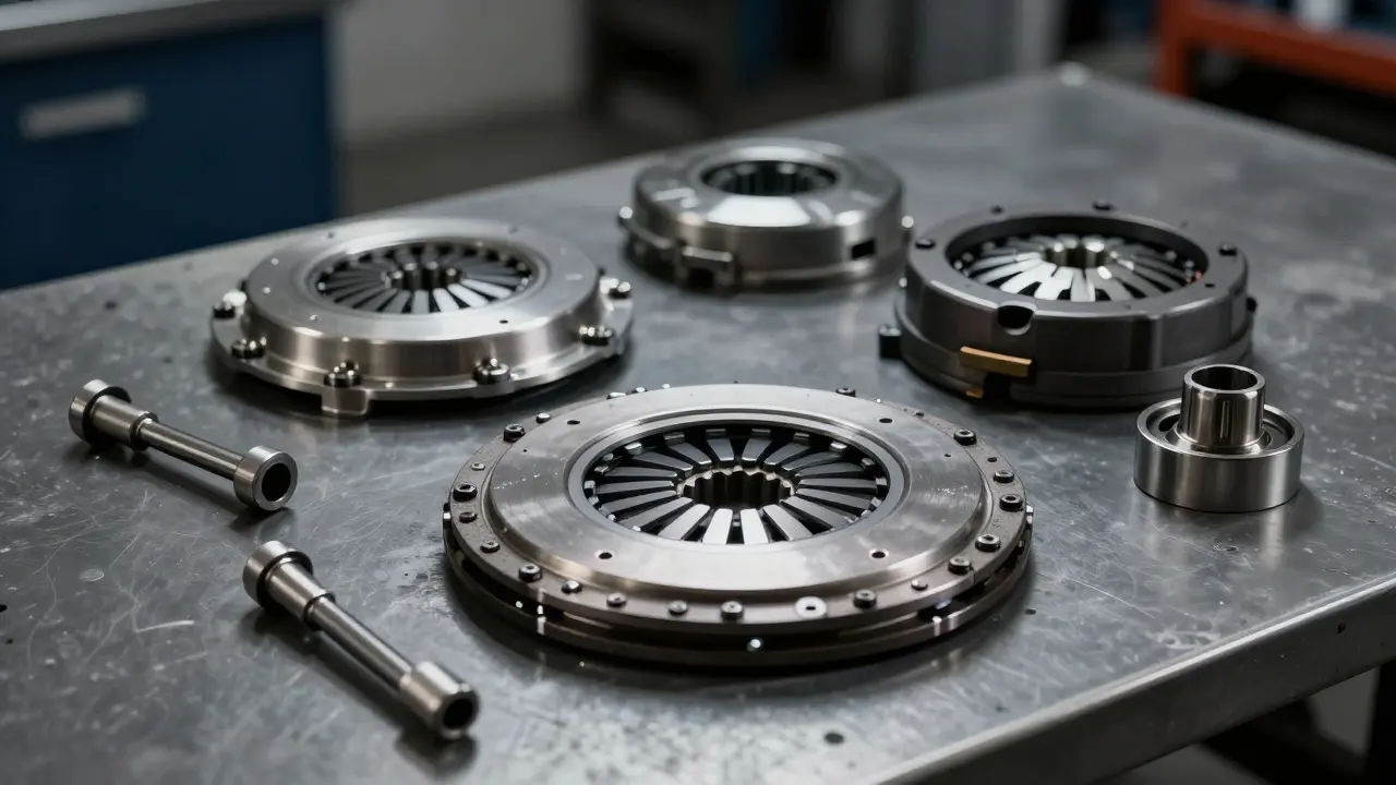 Kompletní nová sada spojky včetně talíře a ložiska na servisním stole.