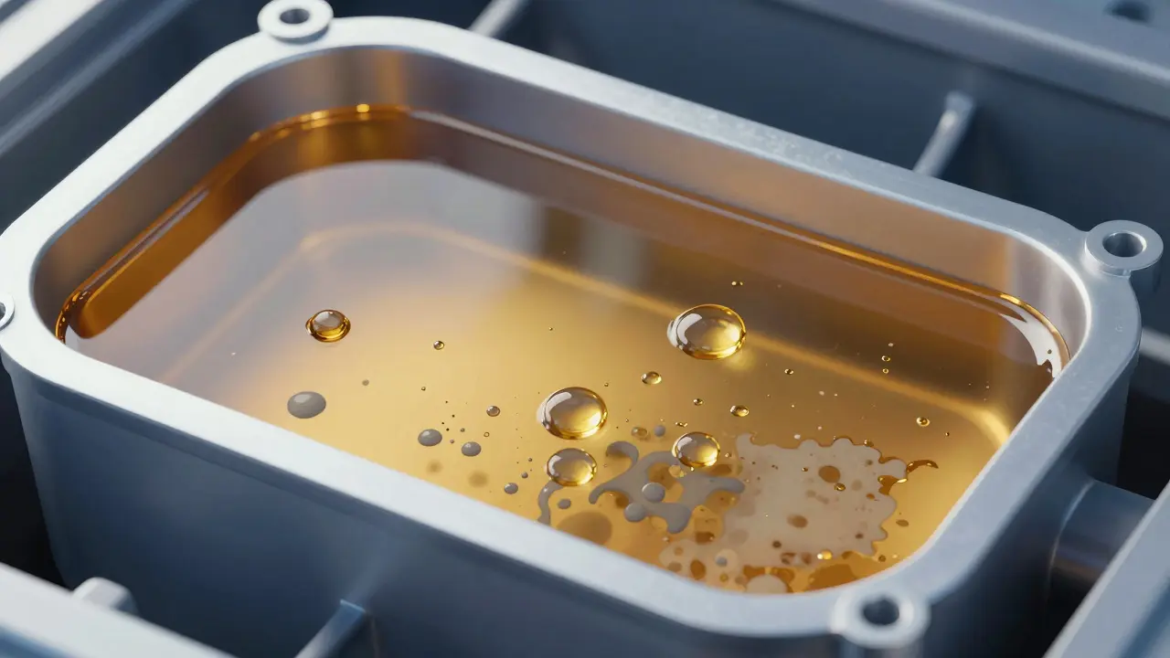 Konceptuální detail motorového oleje s přítomností vlhkosti a kalu.