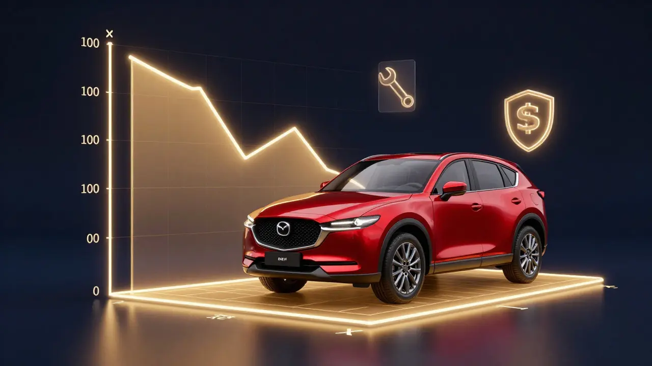 Konceptuální graf znázorňující pokles hodnoty vozu Mazda v čase.