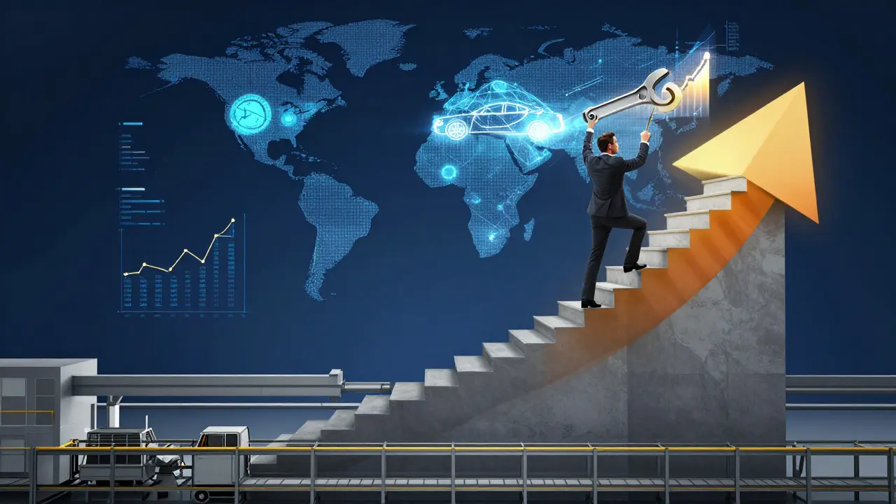 Konceptuální ilustrace kariérního růstu a zvyšování příjmu v automotive.