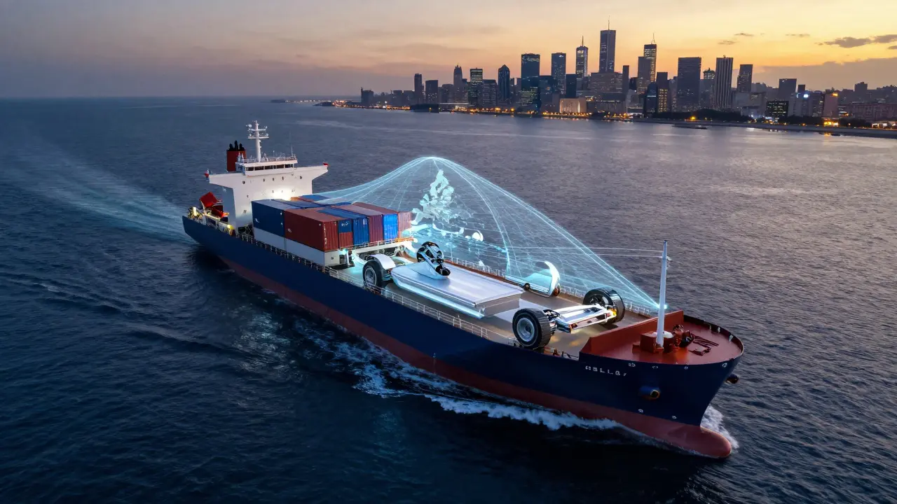 Konceptuální obraz nákladní lodi transportující náhradní díly pro Tesly přes oceán.