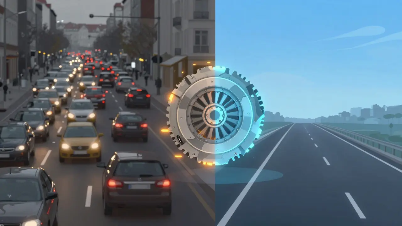 Konceptuální srovnání opotřebení spojky v městském provozu a na dálnici.