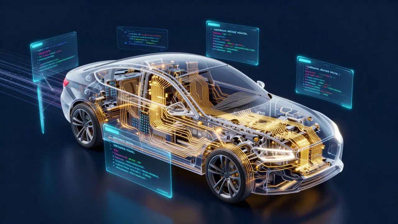Konceptuální znázornění automobilu jako sítě softwaru a digitálních kódů.