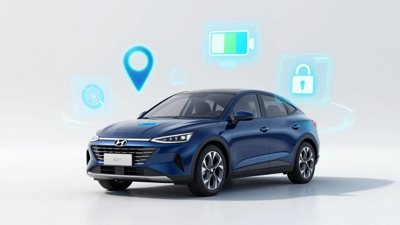 Konceptuální znázornění konektivity vozu Hyundai s plovoucími digitálními ikonami.