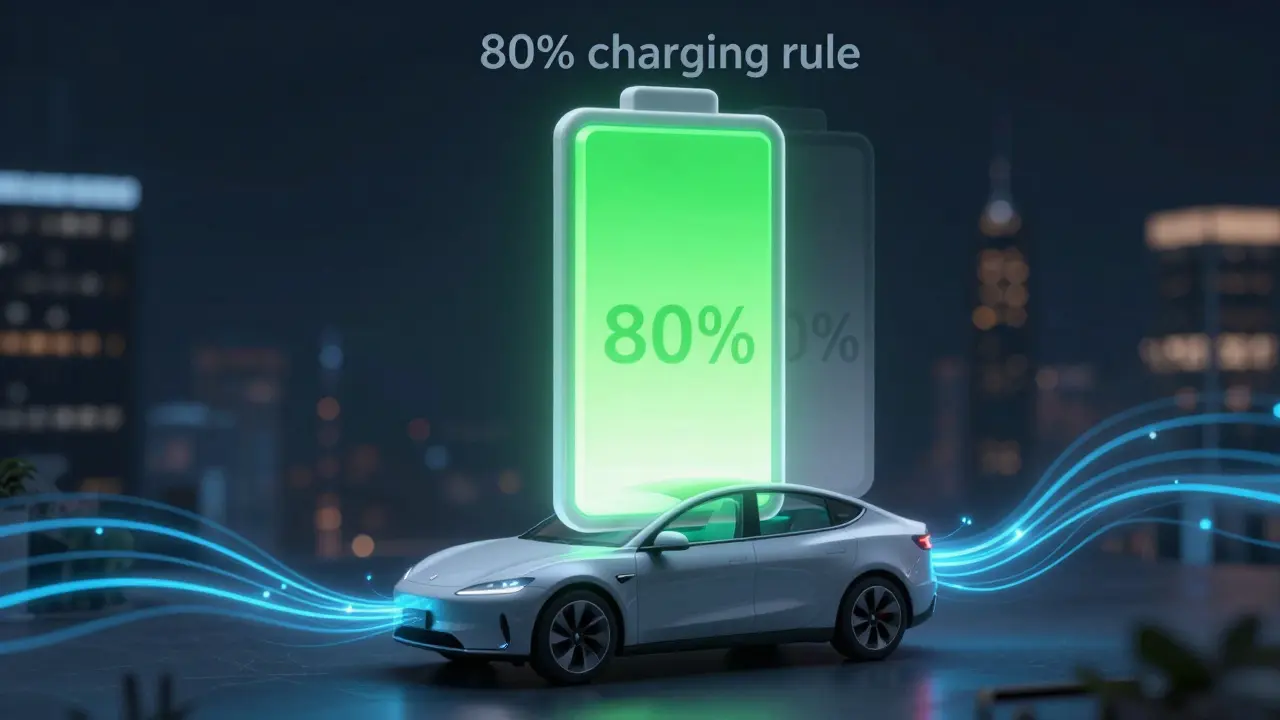 Konceptuální znázornení optimálního nabití baterie elektromobilu do 80 %.