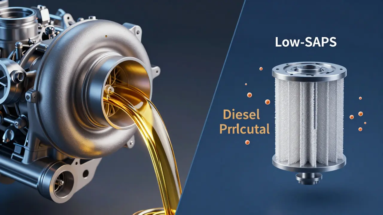 Konceptuální znázornění proudícího syntetického oleje v turbodmychadle a čistého filtru DPF.