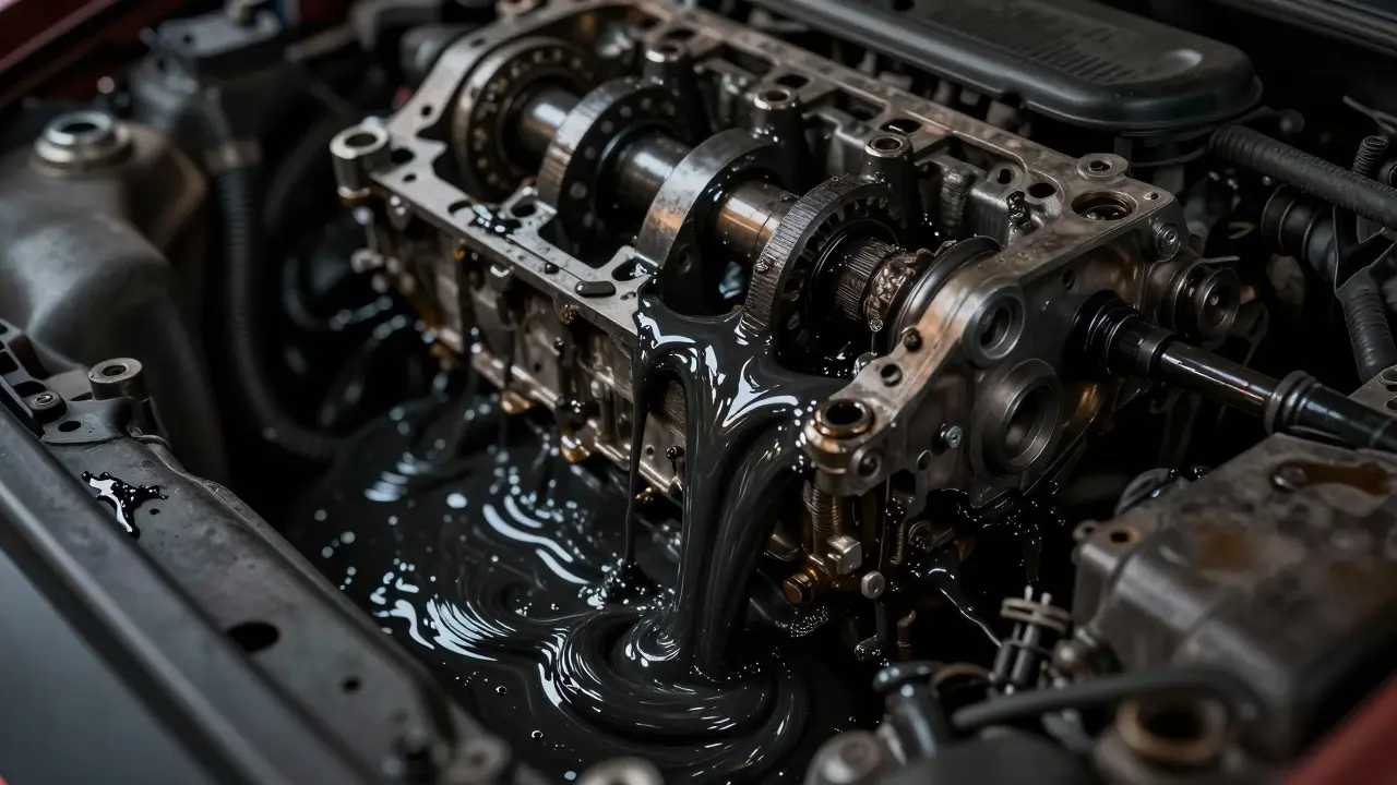 Konceptuální zobrazení černého olejového kalu ucpávajícího kanálky v motoru.