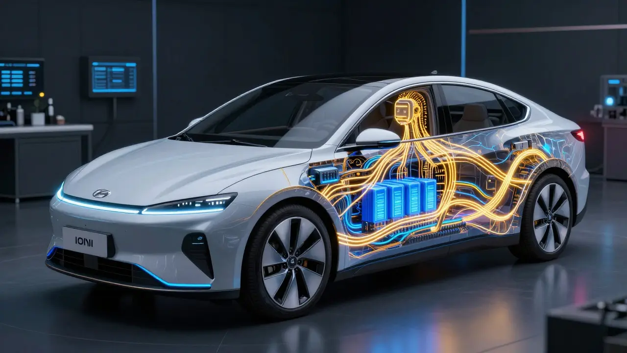 Konceptuální zobrazení elektroniky a vysokonapěťového systému moderního elektromobilu.