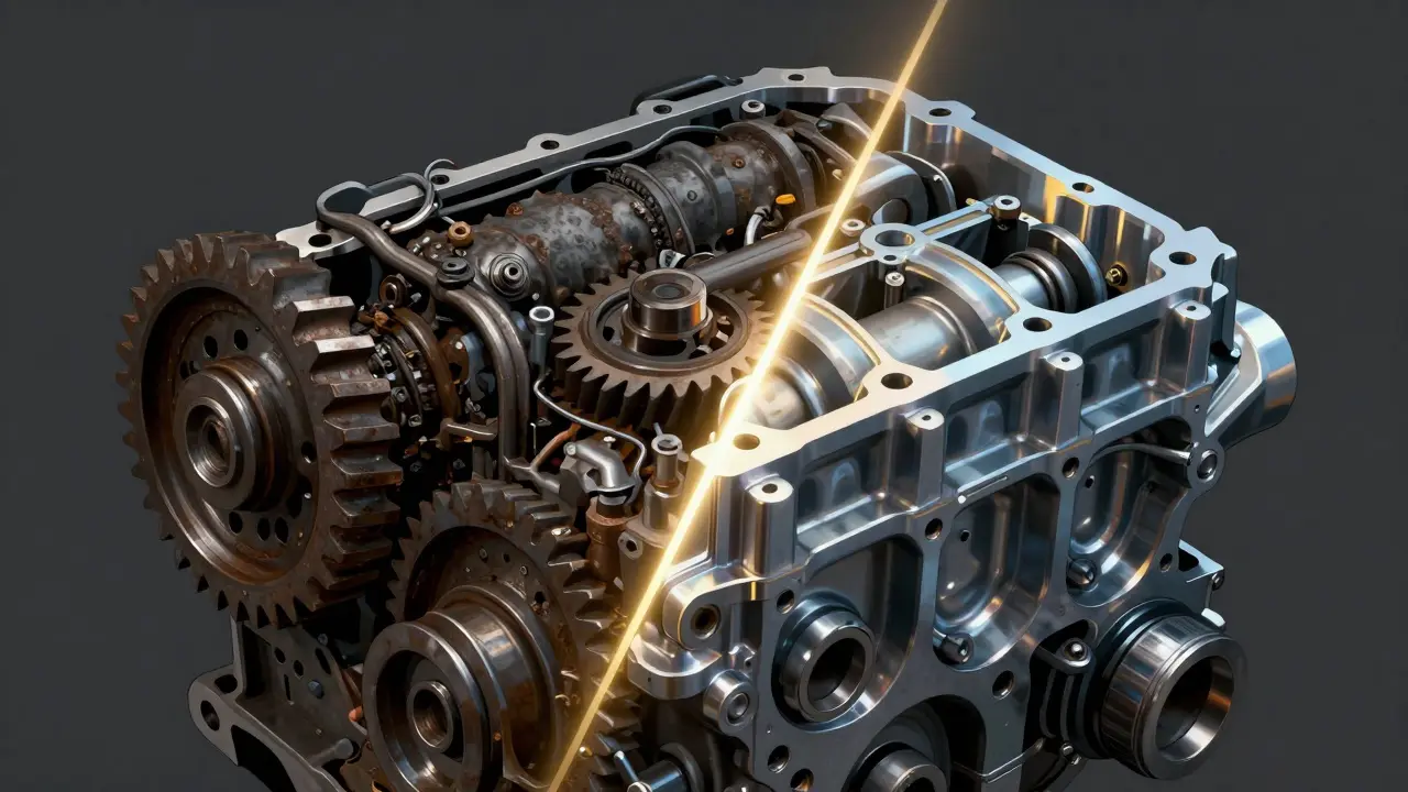 Konceptuální zobrazení rozdílu mezi opotřebovaným a dobře mazaným motorem.