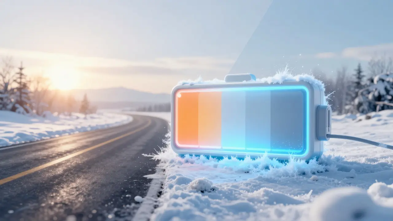 Konceptuální zobrazení vlivu zimního mrazu na kapacitu baterie elektromobilu.