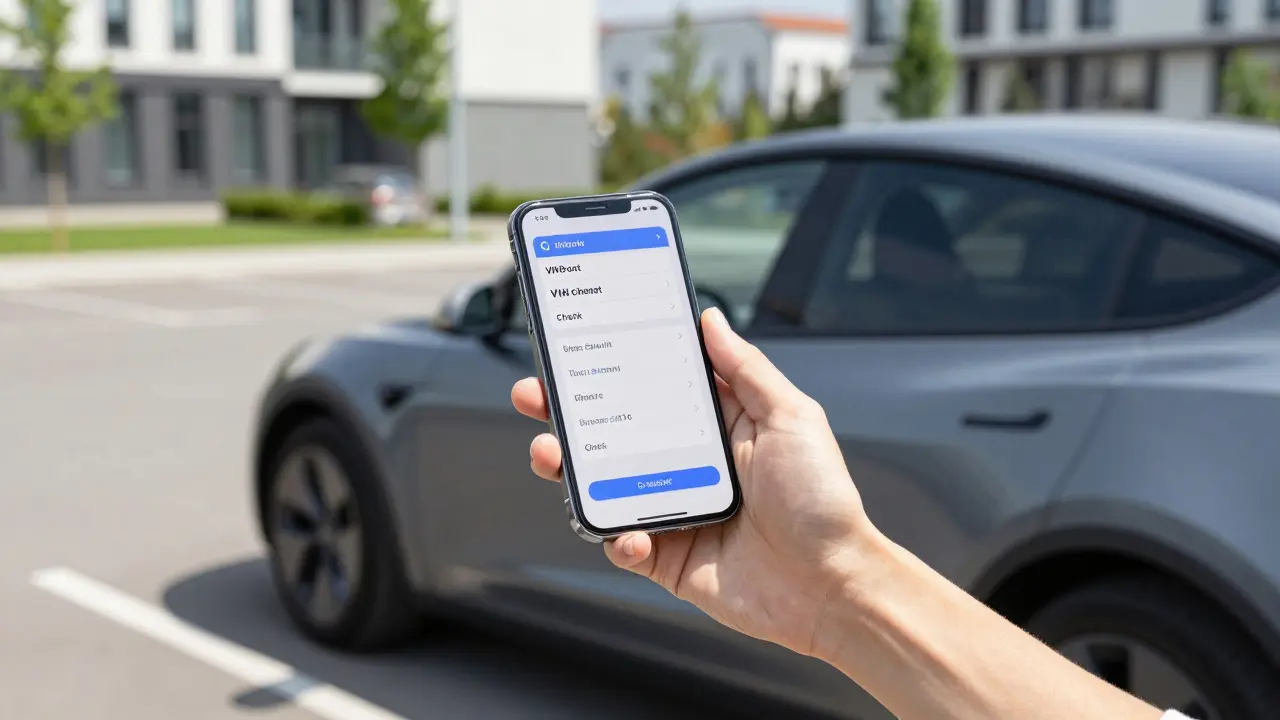 Kontrola historie vozu Tesla pomocí telefonu na parkovišti.