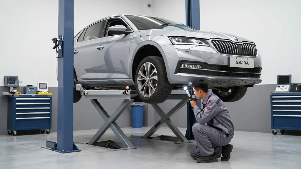 Mechanik kontroluje brzdy a podvozek vozu Škoda v profesionálním servisu na zvedáči.