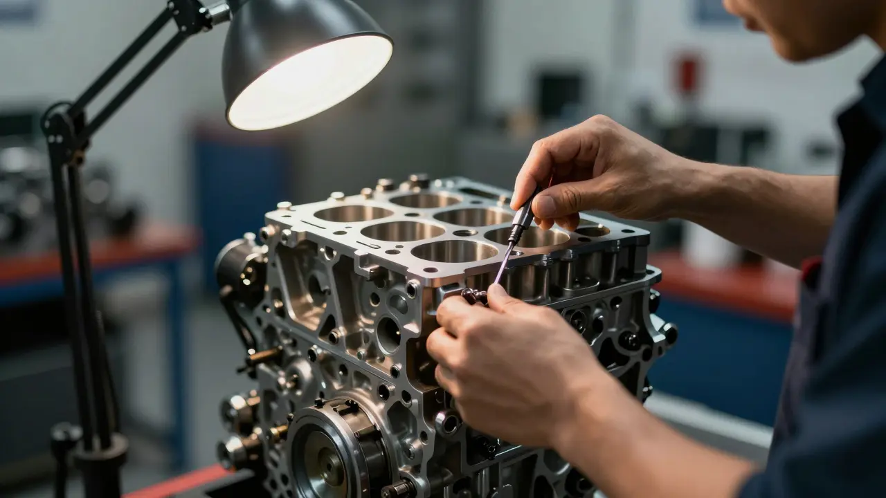 Mechanik kontroluje robustní motor Mazdy SkyActiv v moderním servisu.