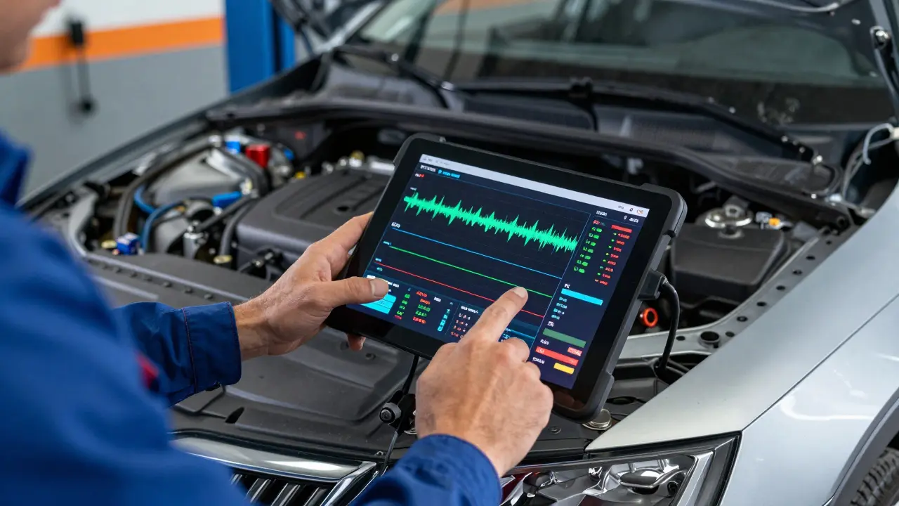 Mechanik používá digitální diagnostiku k vyhledání chyby v autě Škoda.