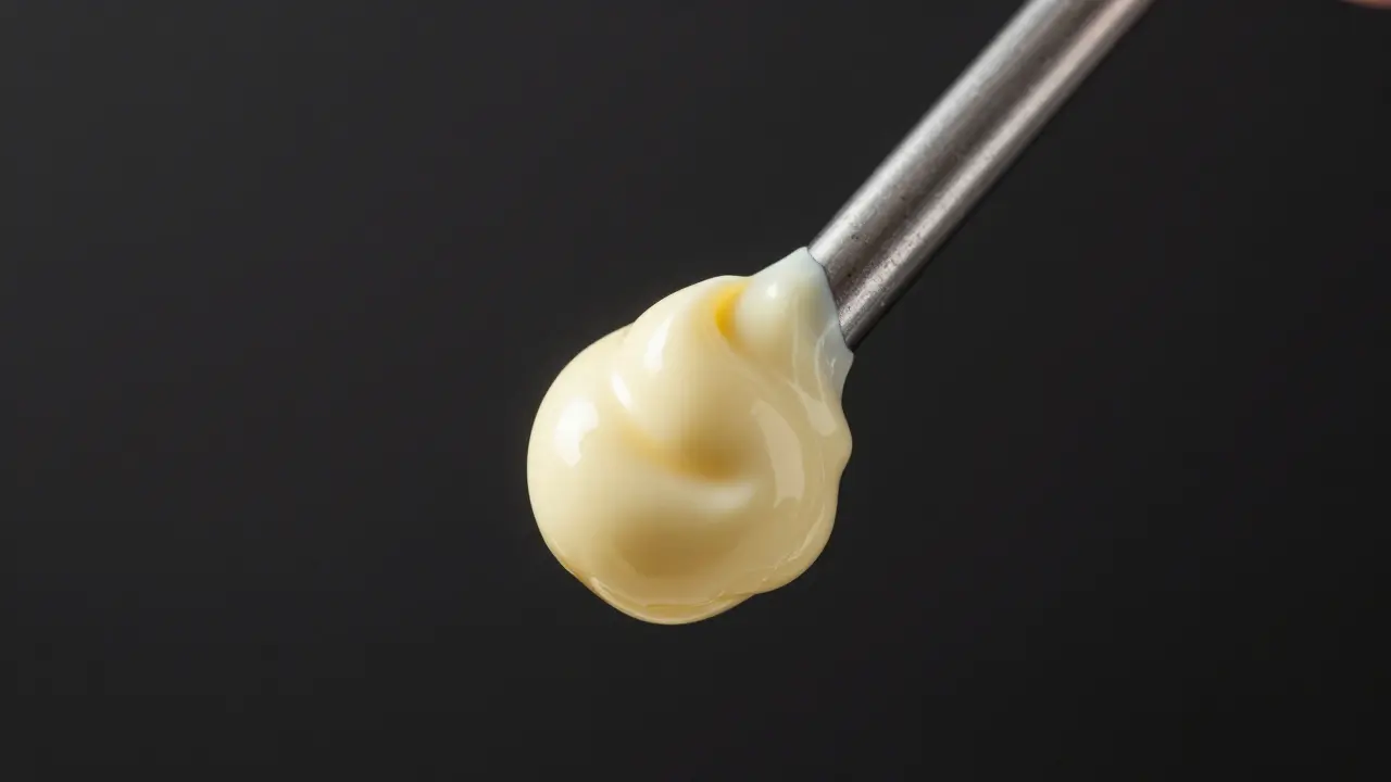 Měrka motorového oleje s bílo-žlutou emulzi připomínající majonézu.