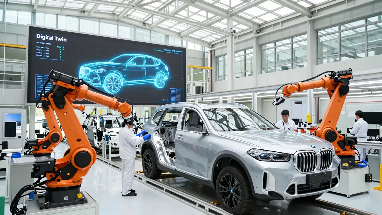 Moderní montážní linka BMW s roboty a digitálním dvojčetem vozu.