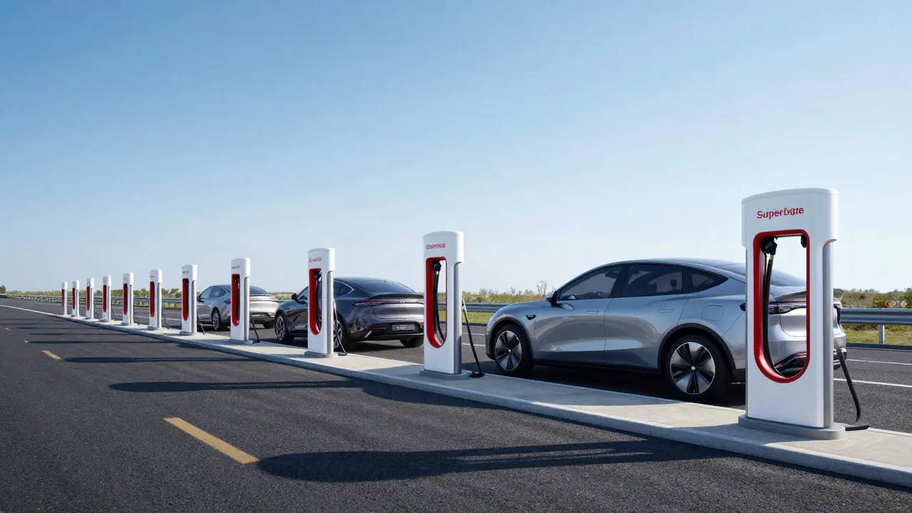 Moderní rychlonabíjecí stanice pro elektromobily u dálnice za jasného dne.