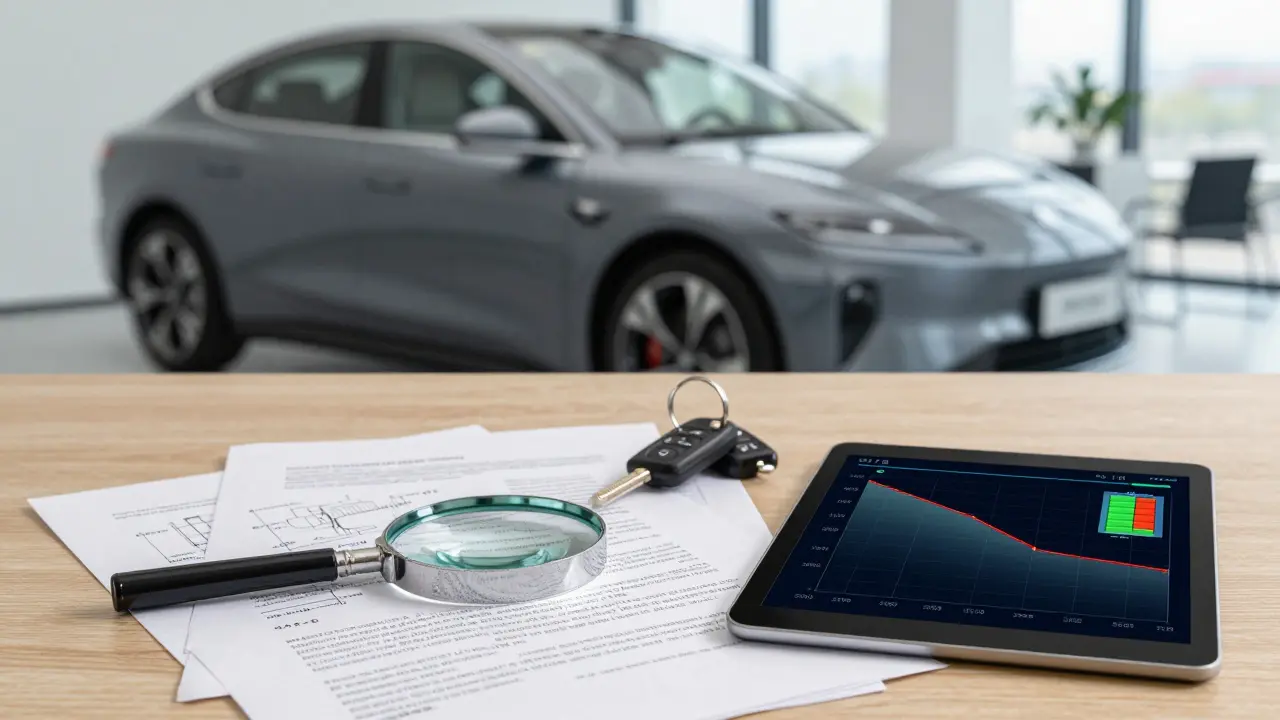 Právní dokumenty, diagnostický graf baterie a klíče od auta na stole.