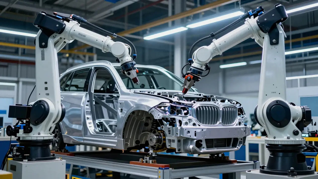 Robotická montážní linka v závodě, kde probíhá spojení podvozku s karoserií BMW X5.