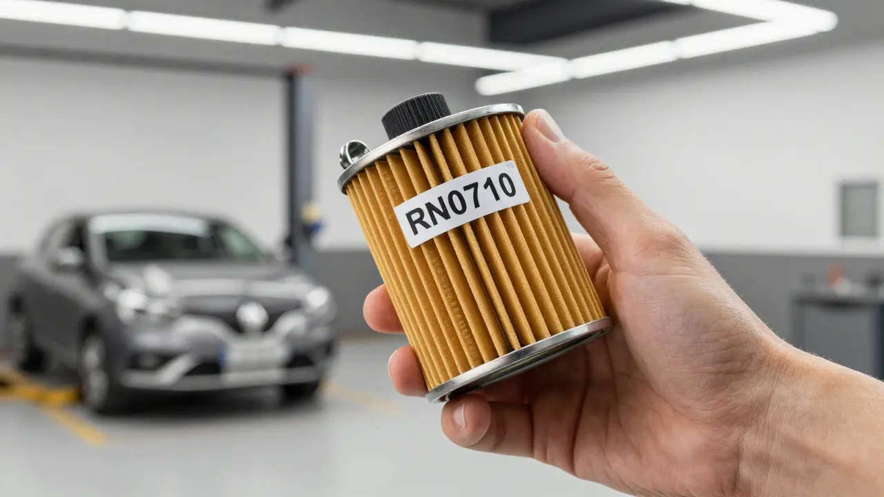 Ruka držící kanister s motorovým olejem splňujícím normu RN0710 a nový olejový filtr.